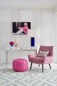 Mrs Godfrey chair in Vapor Berry Geometric £2,395.00, Channing three-drawer console £1,850.00, Moroccan pouf in fuchsia £1,095.00 - all Jonathan Adler