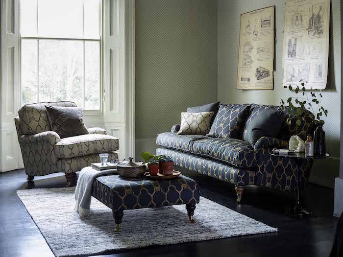 sofa.com with Barneby Gates Bluebell three seat sofa in Owl linen, Bluebell armchair in Owl woven, Ottoman footstool in Owl linen