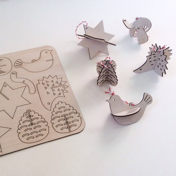 Set of 5 flat pack wooden ornaments by MilkyWood from Etsy